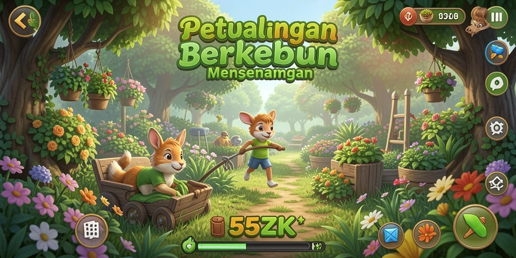 Screenshot utama 555ZK yang menunjukkan gameplay berkebun yang seru.