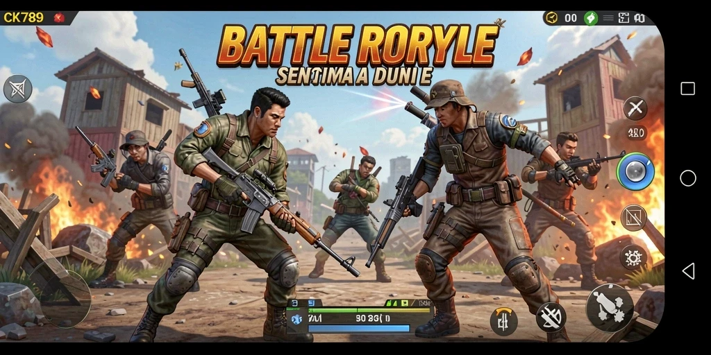 Screenshot gameplay CK789 menampilkan aksi bertempur epik di arena Battle Royale.
