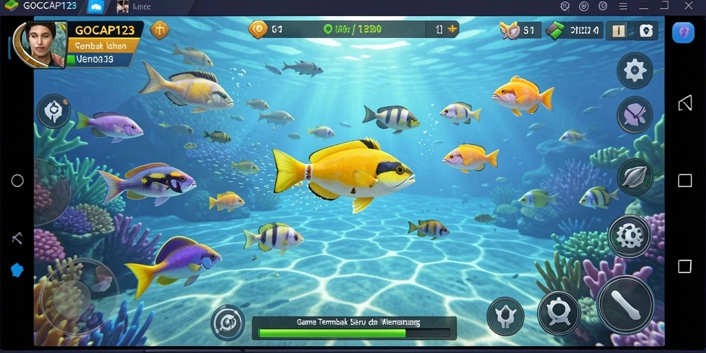 Screenshot GOCAP123 menunjukkan aksi mendebarkan berburu ikan.
