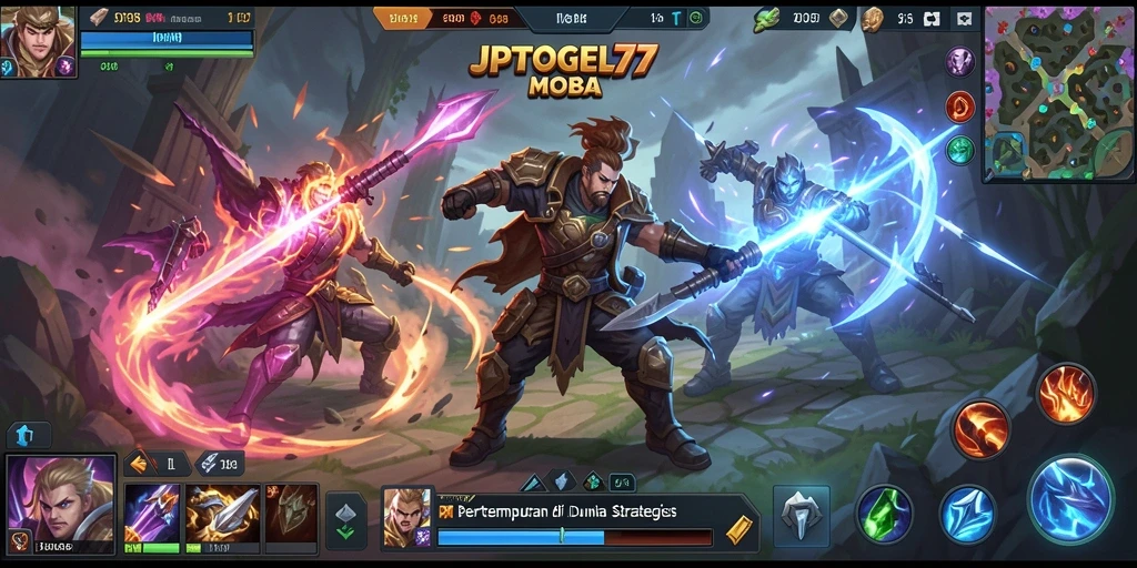 Screenshot gameplay JPTOGEL77 yang menegangkan dalam pertempuran MOBA.