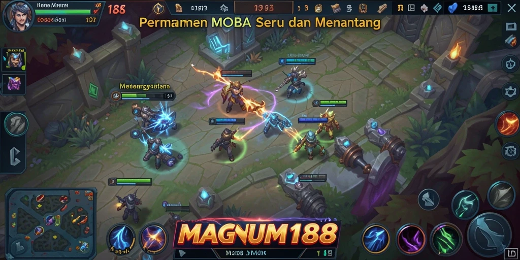 Screenshot gameplay MAGNUM188 menampilkan aksi seru dalam pertempuran MOBA.