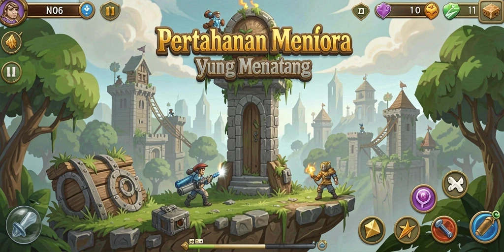 Screenshot menampilkan pertarungan epik dalam gameplay Tower Defense.