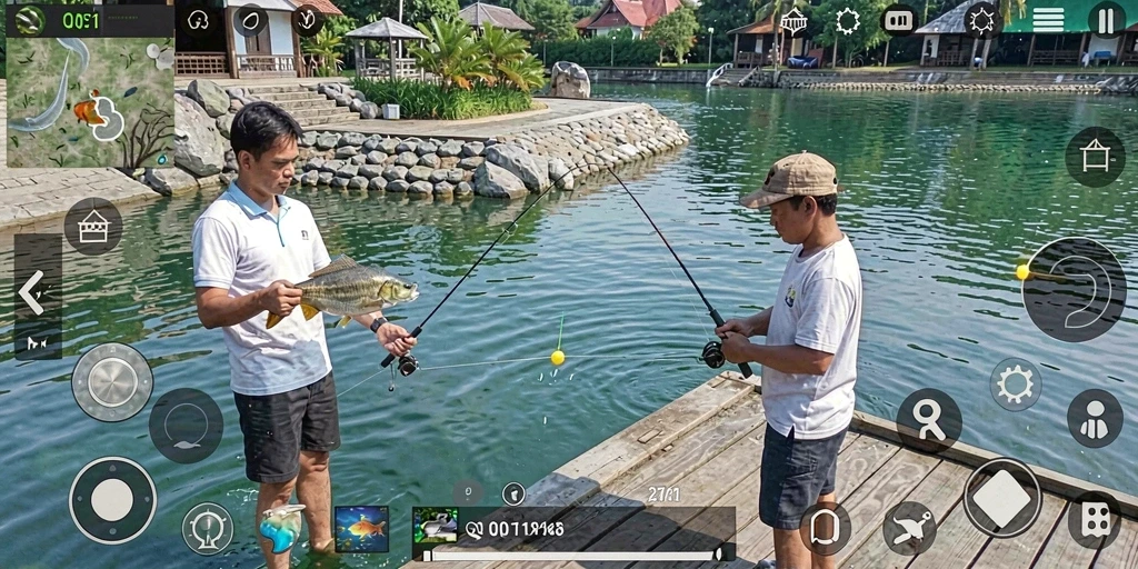 Tampilan gameplay QQ1221 yang seru saat memancing di lokasi indah.
