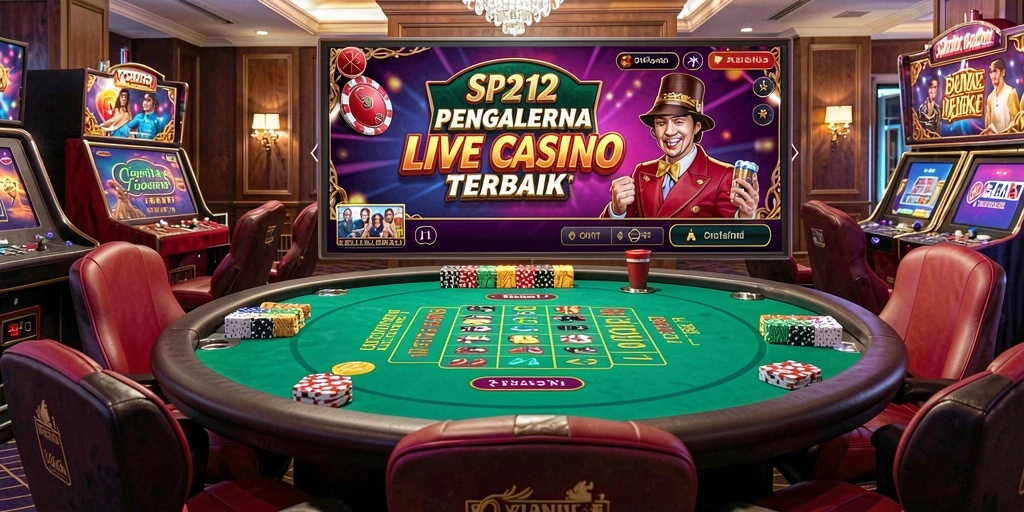Screenshot utama SP212 menunjukkan dealer langsung dan interaksi dengan pemain.