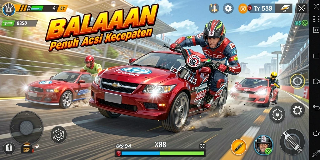 Gameplay balapan seru di X88 dengan mobil yang beraksi.